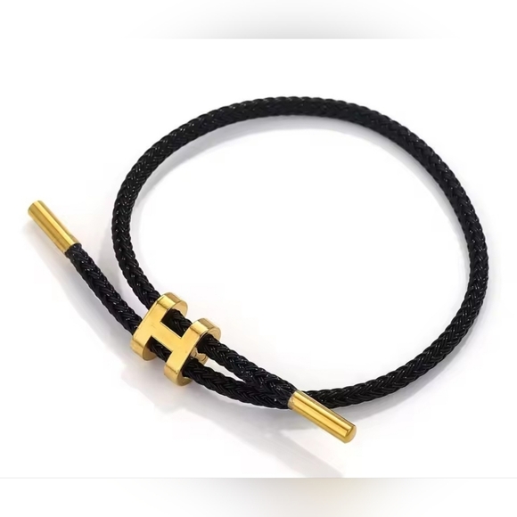 ✨ Black Braided Cable Bracelet with Gold-Tone Accents ✨ - Picture 4 of 5